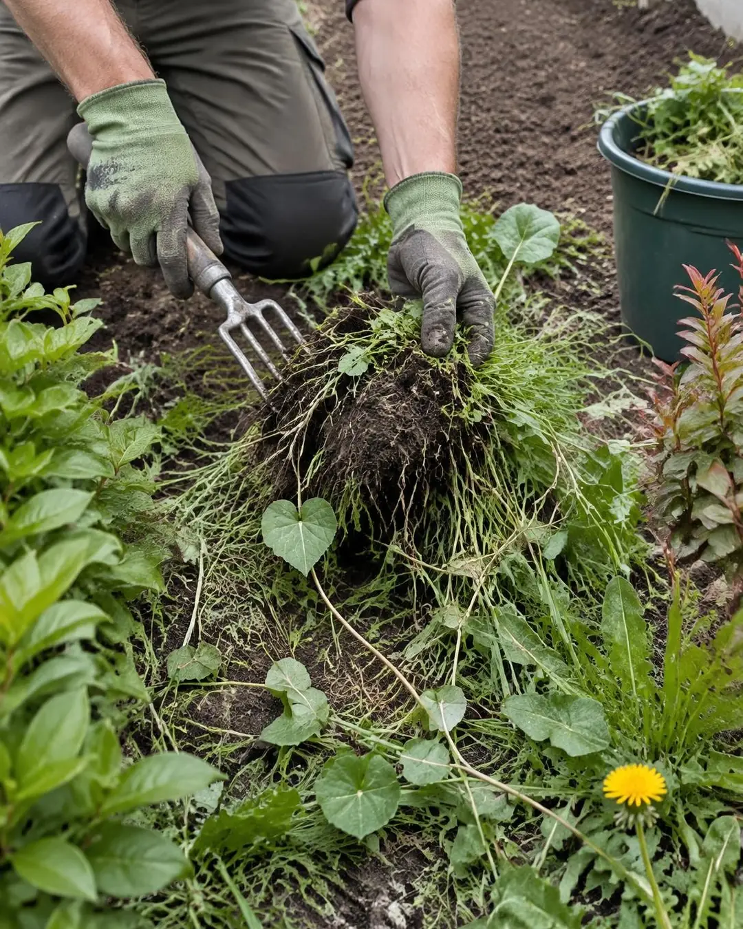 Jardinier à genoux qui arrache à la griffe une touffe d’herbes et ses racines dans un massif envahi de liseron et de pissenlits, seau de déchets verts